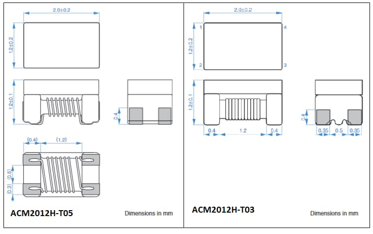 Technische Zeichnung - TDK ACM2012H-Baureihe Gleichtaktfilter